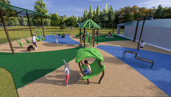 Full-vision rendering with sensory cove climber, playhouse, and swings, Gum Springs Park