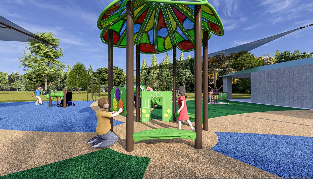Custom PowerScape Playhouse with stained-glass roof, the centerpiece of Gum Springs Park