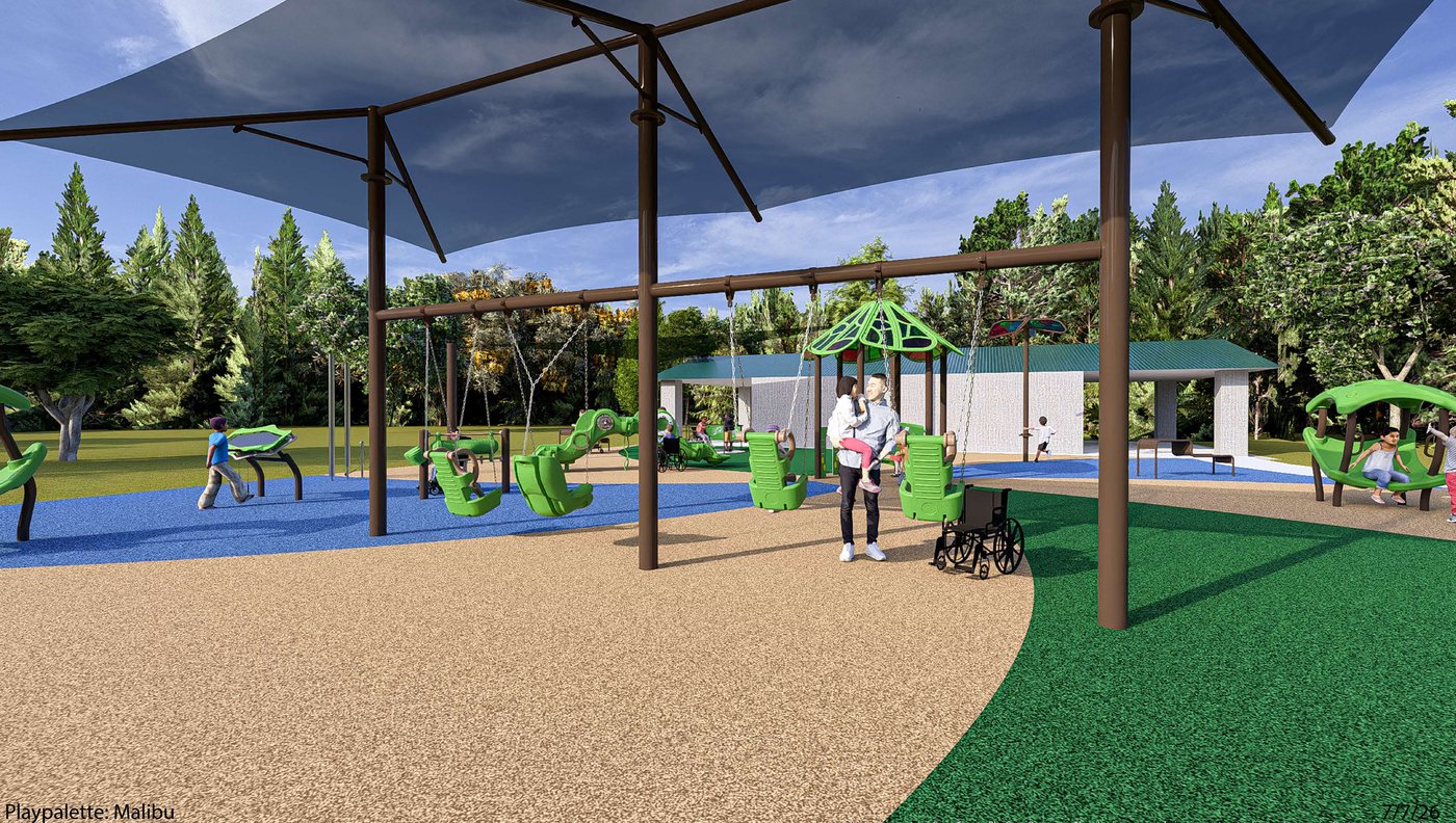Adaptive swing bay rendering with wheelchair-accessible swing, Gum Springs Park