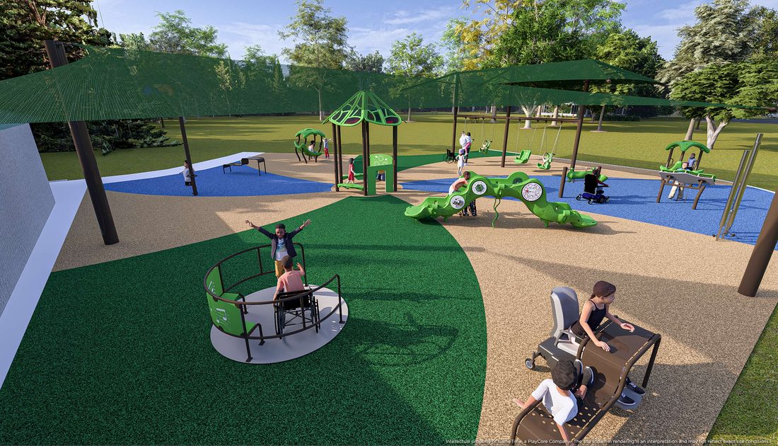 Sensory Wave Arch Climber and Inclusive Musical Whirl rendering, Gum Springs Park